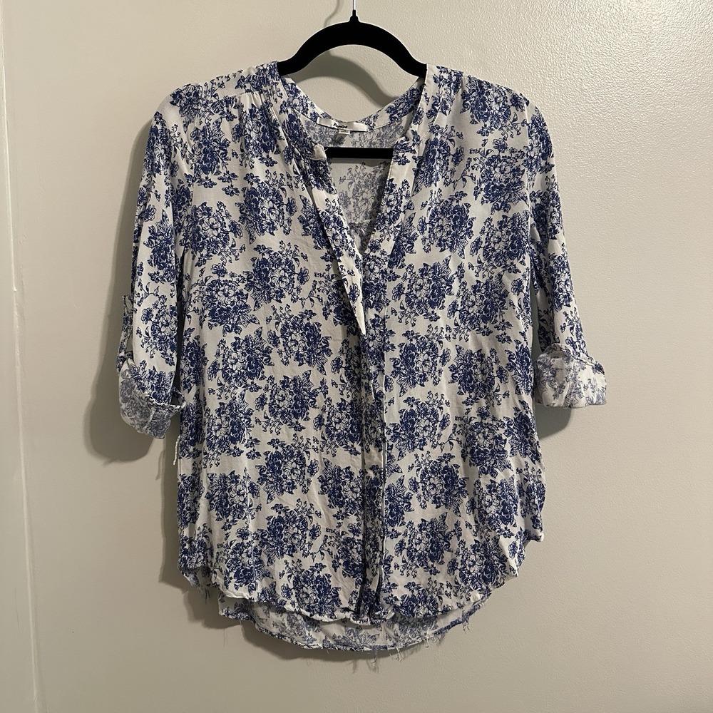 Floral Top White Blue Button Up Bohemian Soft Lightweight Papaya Brand‎ Shirt S